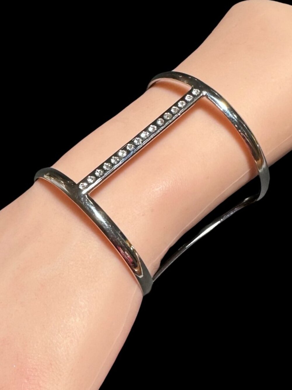 Wide Cuff Bracelet Central Bar Clear Rhinestone Inlay Silver Tone Womens NWOT